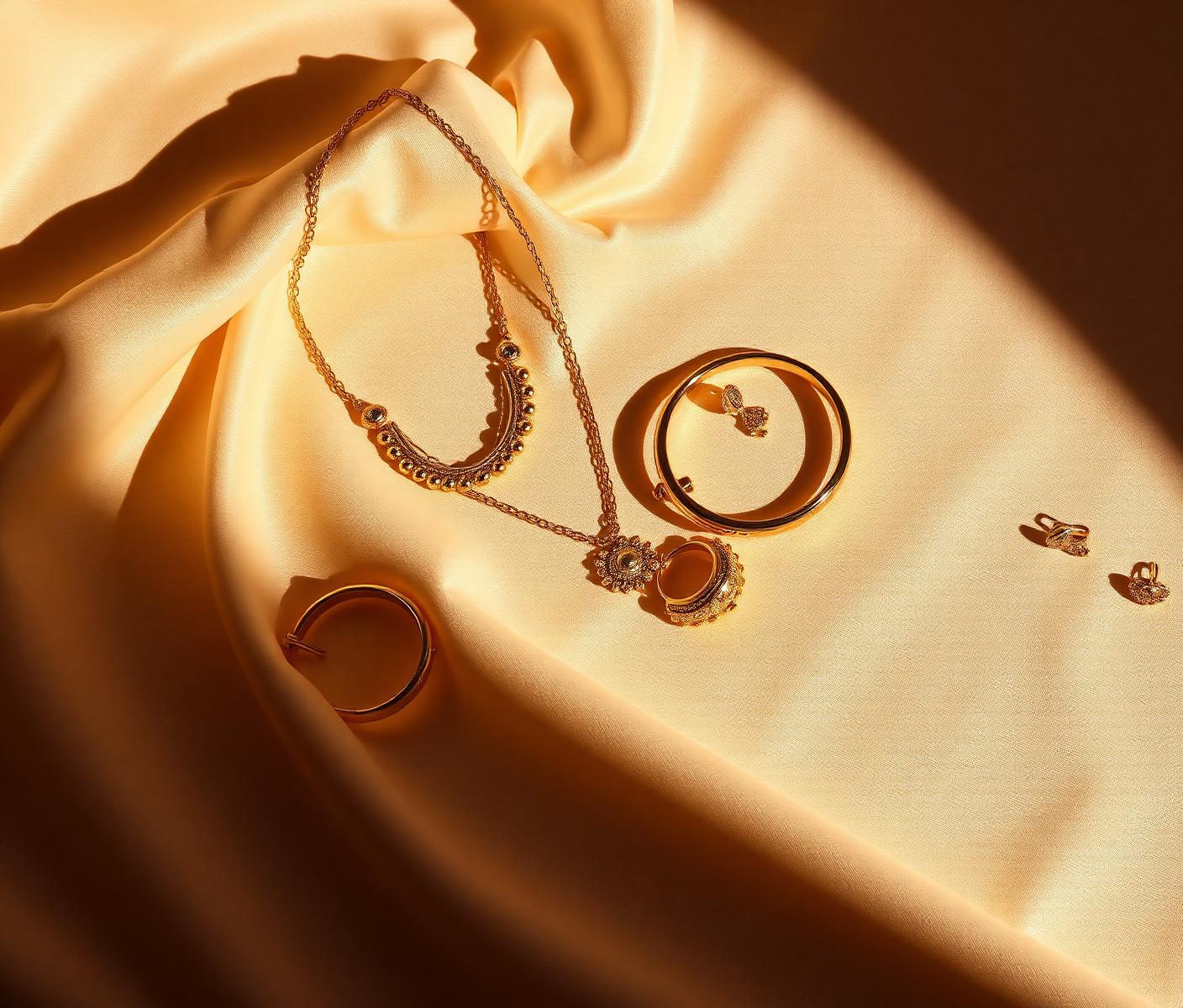 Gold necklaces, earrings and bangles on cream silk